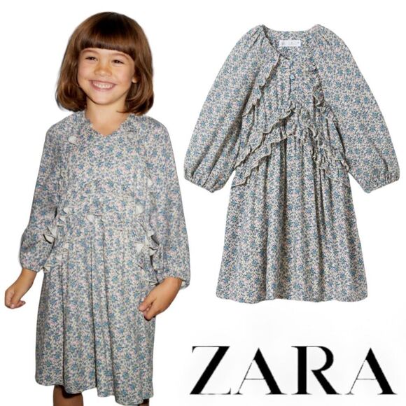 ZARA Kids | Mid-Turquoise | RUFFLED FLORAL DRESS - Picture 1 of 10